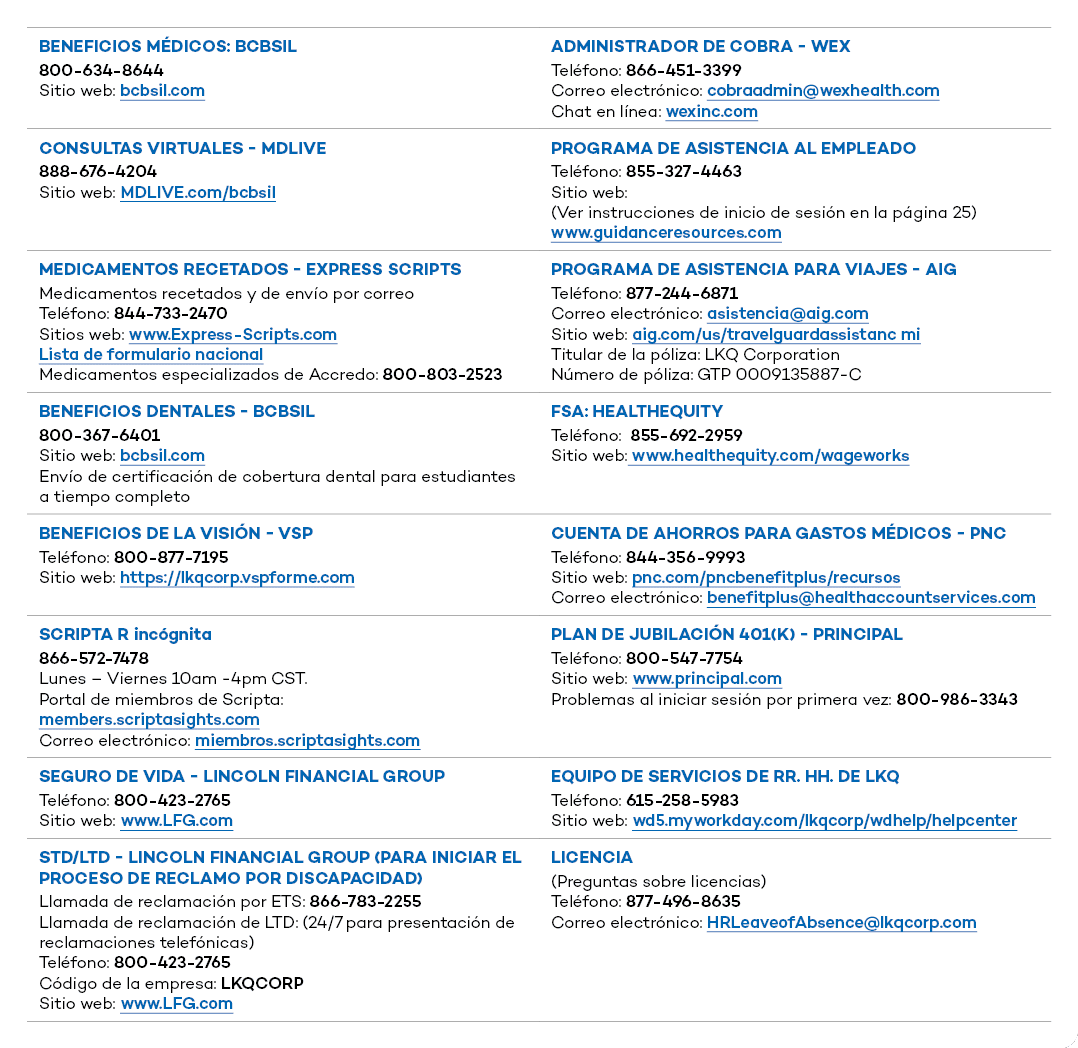 BENEFICIOS M DICOS: BCBSIL 800 634 8644 Sitio web: bcbsil.com,Administrador de COBRA WEX Tel fono: 866 451 3399 Corre...